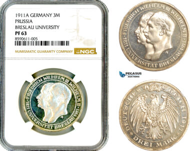 AL982, Germany, Prussia, Wilhelm II, 3 Mark 1911 A, Berlin Mint, Silver, Breslau University, NGC PF63
