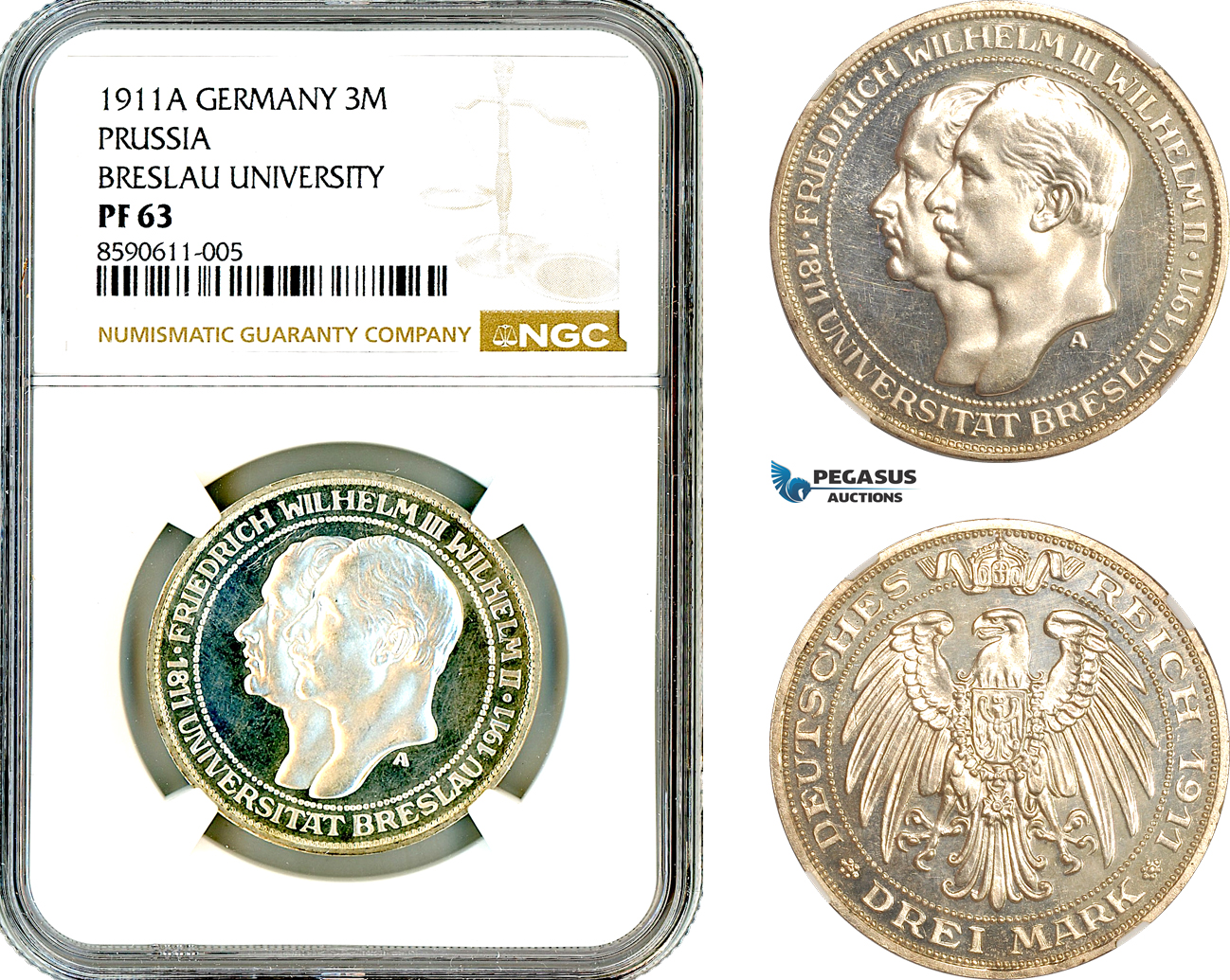 AL982, Germany, Prussia, Wilhelm II, 3 Mark 1911 A, Berlin Mint, Silver, Breslau University, NGC PF63
