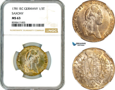 AL986, Germany, Saxony, Friedrich August III, 1/3 Taler 1781 IEC, Dresden Mint, Silver, NGC MS63, Top Pop, Single Finest!