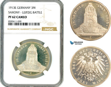 AL987, Germany, Saxony, 3 Mark 1913 E, Muldenhutten Mint, Silver, Leipzig Battle, NGC PF62 Cameo