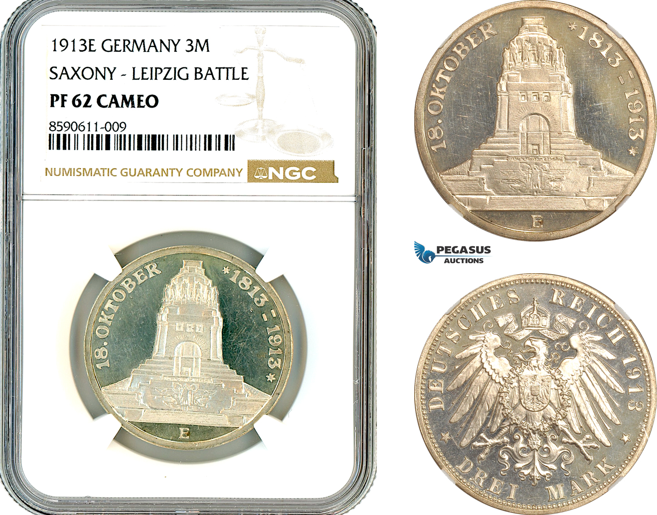 AL987, Germany, Saxony, 3 Mark 1913 E, Muldenhutten Mint, Silver, Leipzig Battle, NGC PF62 Cameo