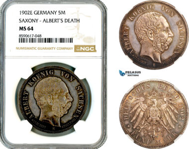 AL988, Germany, Saxony, Albert, 5 Mark 1902 E, Muldenhutten Mint, Silver, Albert’s Death, NGC MS64