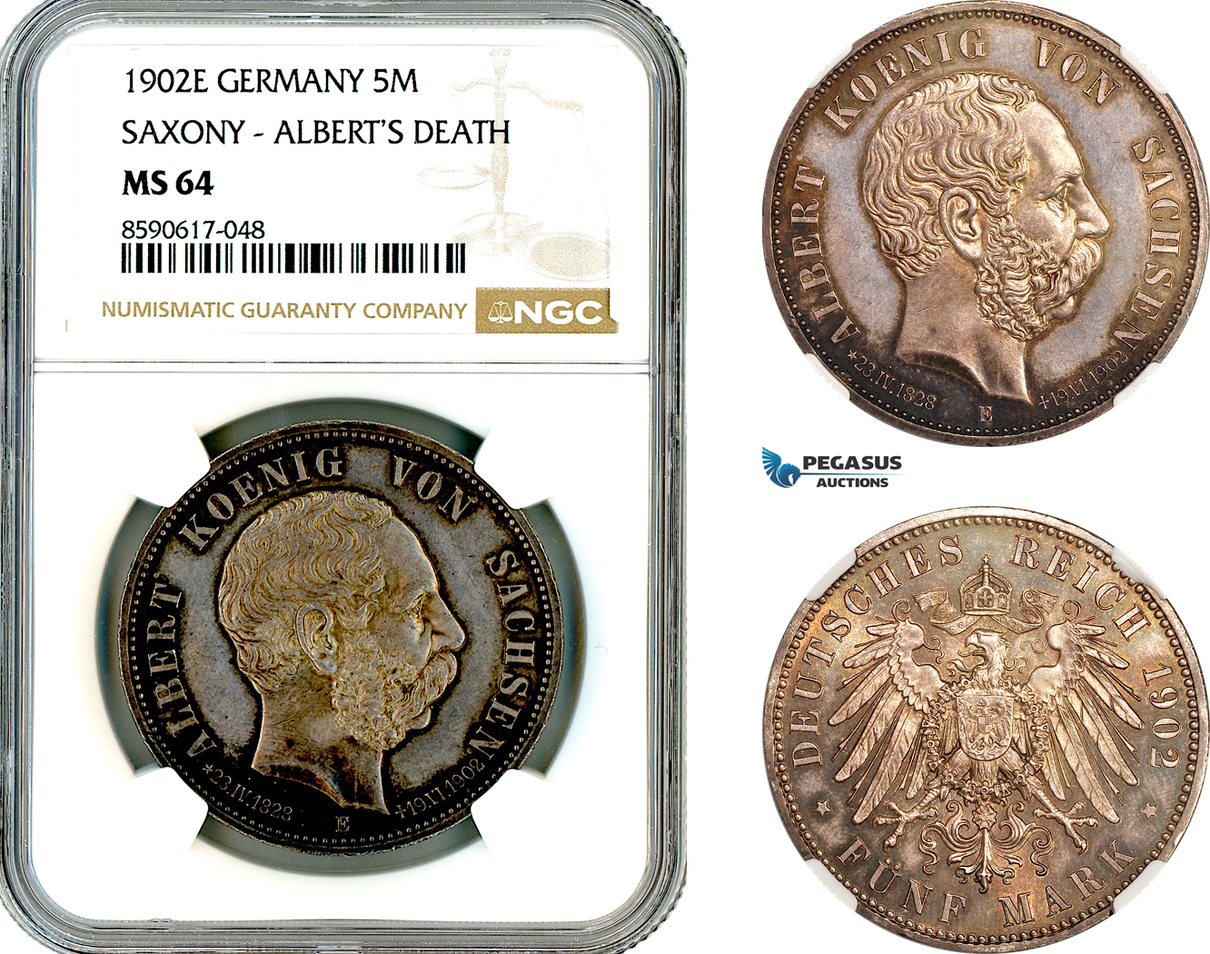 AL988, Germany, Saxony, Albert, 5 Mark 1902 E, Muldenhutten Mint, Silver, Albert’s Death, NGC MS64