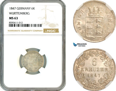 AL989, Germany, Wurttemberg, Wilhelm I, 6 Kreuzer 1847, Stuttgart Mint, Silver, NGC MS63