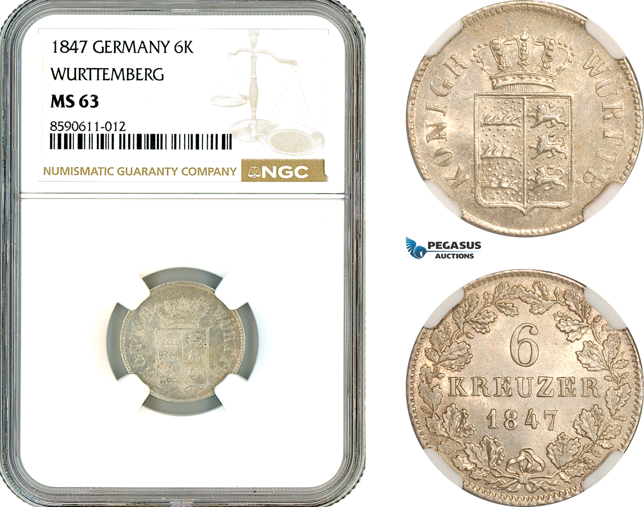 AL989, Germany, Wurttemberg, Wilhelm I, 6 Kreuzer 1847, Stuttgart Mint, Silver, NGC MS63