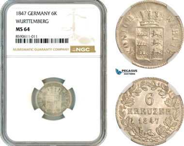 AL990, Germany, Wurttemberg, Wilhelm I, 6 Kreuzer 1847, Stuttgart Mint, Silver, NGC MS64, Top Pop, Single Finest!