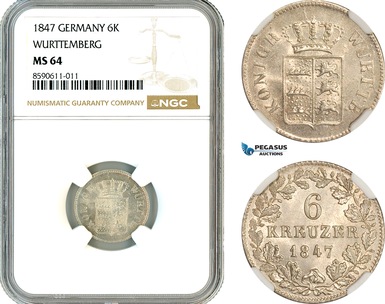 AL990, Germany, Wurttemberg, Wilhelm I, 6 Kreuzer 1847, Stuttgart Mint, Silver, NGC MS64, Top Pop, Single Finest!