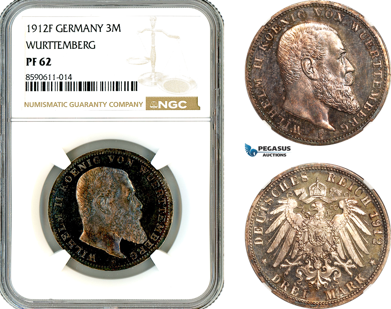 AL991, Germany, Wurttemberg, Wilhelm II, 3 Mark 1912 F, Stuttgart Mint, Silver, NGC PF62