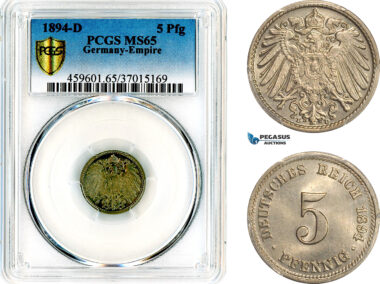 AL994, Germany, Wilhelm II, 5 Pfennig 1894 D, Munich Mint, PCGS MS65