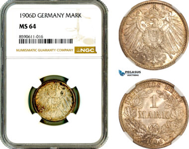 AL995, Germany, Wilhelm II, 1 Mark 1906 D, Munich Mint, Silver, NGC MS64