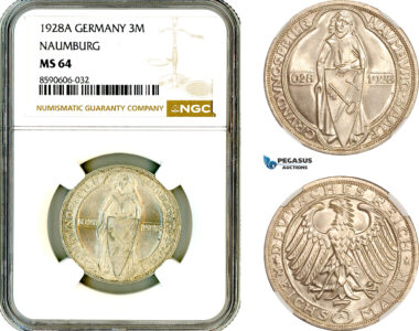 AL996, Germany, Weimar Republic, 3 Reichsmark 1928 A, Berlin Mint, Silver, Naumburg, NGC MS64