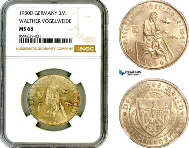AL997, Germany, Weimar Republic, 3 Reichsmark 1930 D, Munich Mint, Silver, Walther Vogelweide, NGC MS63