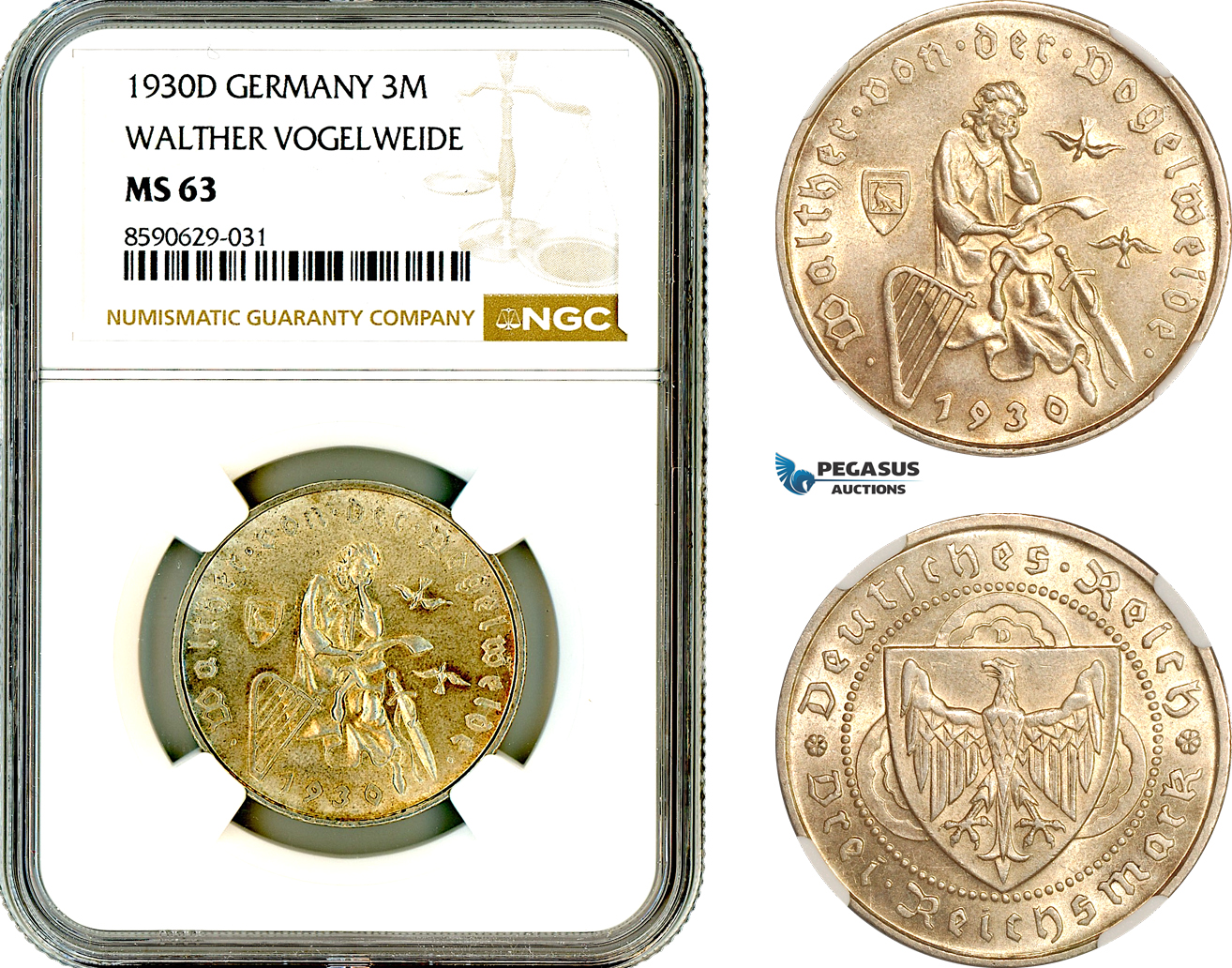 AL997, Germany, Weimar Republic, 3 Reichsmark 1930 D, Munich Mint, Silver, Walther Vogelweide, NGC MS63