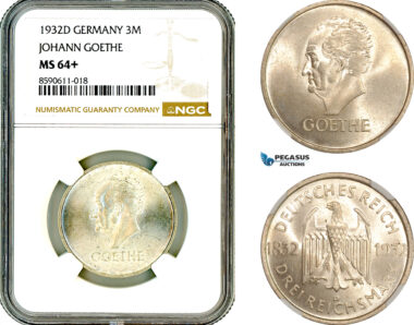 AL998, Germany, Weimar Republic, 3 Reichsmark 1932 D, Munich Mint, Silver, Johann Goethe, NGC MS64+