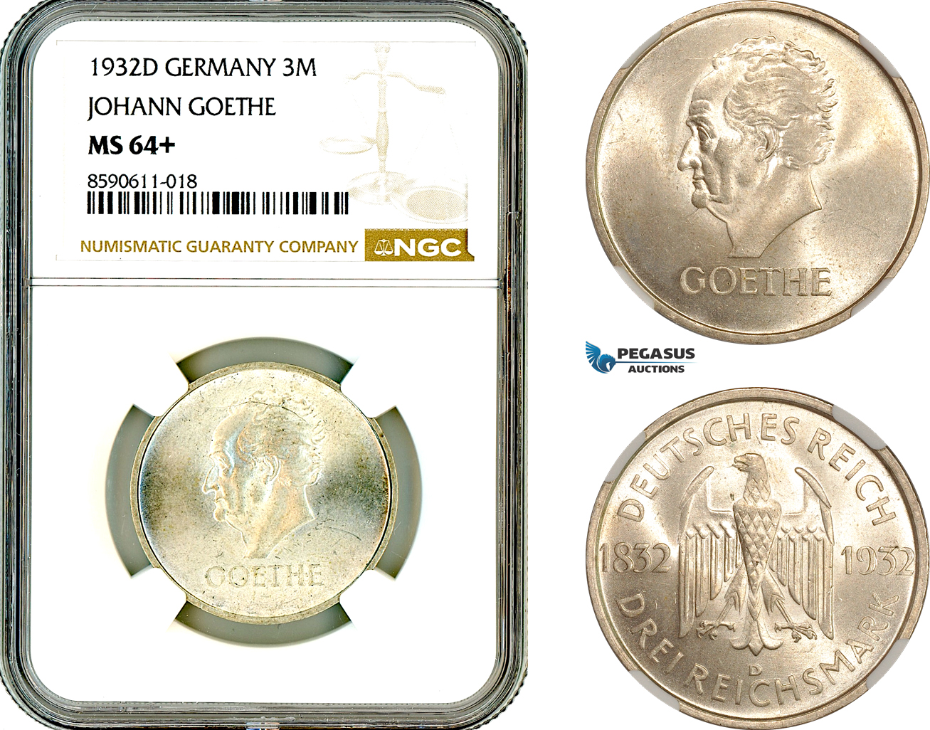 AL998, Germany, Weimar Republic, 3 Reichsmark 1932 D, Munich Mint, Silver, Johann Goethe, NGC MS64+