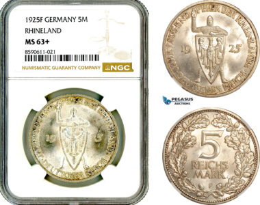 AL999, Germany, Weimar Republic, 5 Reichsmark 1925 F, Stuttgart Mint, Silver, Rhineland, NGC MS63+
