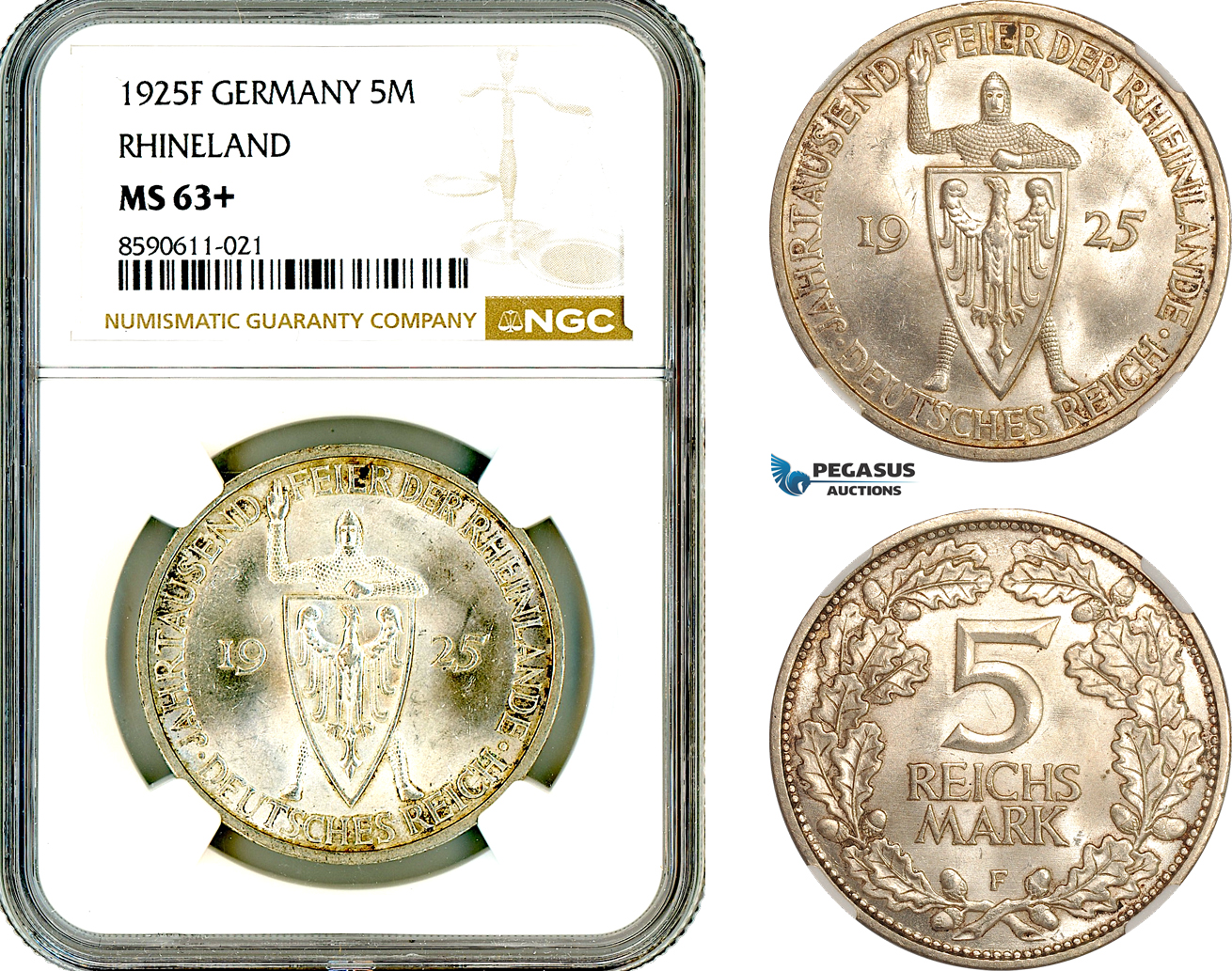 AL999, Germany, Weimar Republic, 5 Reichsmark 1925 F, Stuttgart Mint, Silver, Rhineland, NGC MS63+