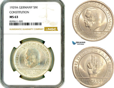 AM001, Germany, Weimar Republic, 5 Reichsmark 1929 A, Berlin Mint, Silver, Weimar Constitution, NGC MS63