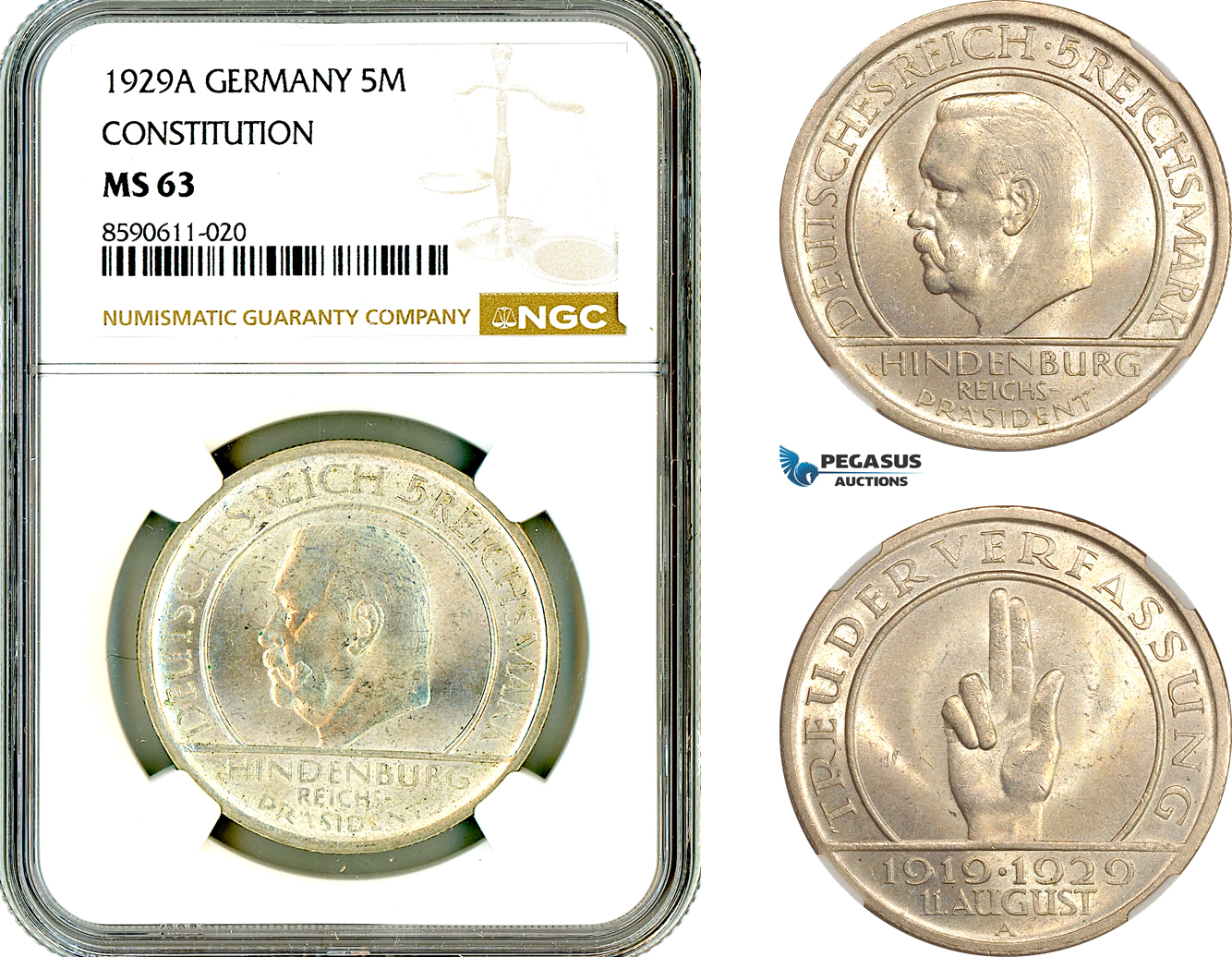 AM001, Germany, Weimar Republic, 5 Reichsmark 1929 A, Berlin Mint, Silver, Weimar Constitution, NGC MS63