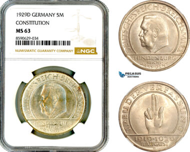 AM002, Germany, Weimar Republic, 5 Reichsmark 1929 D, Munich Mint, Silver, Weimar Constitution, NGC MS63