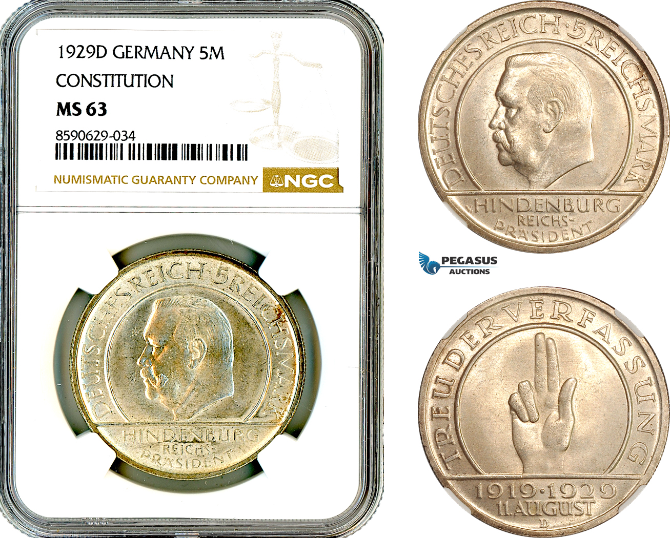 AM002, Germany, Weimar Republic, 5 Reichsmark 1929 D, Munich Mint, Silver, Weimar Constitution, NGC MS63