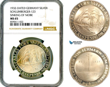 AM003, Germany, Weimar Republic, 1932 Silver Medal by Oskar Glockler, Sinking of the Training Ship Niobe, NGC MS65