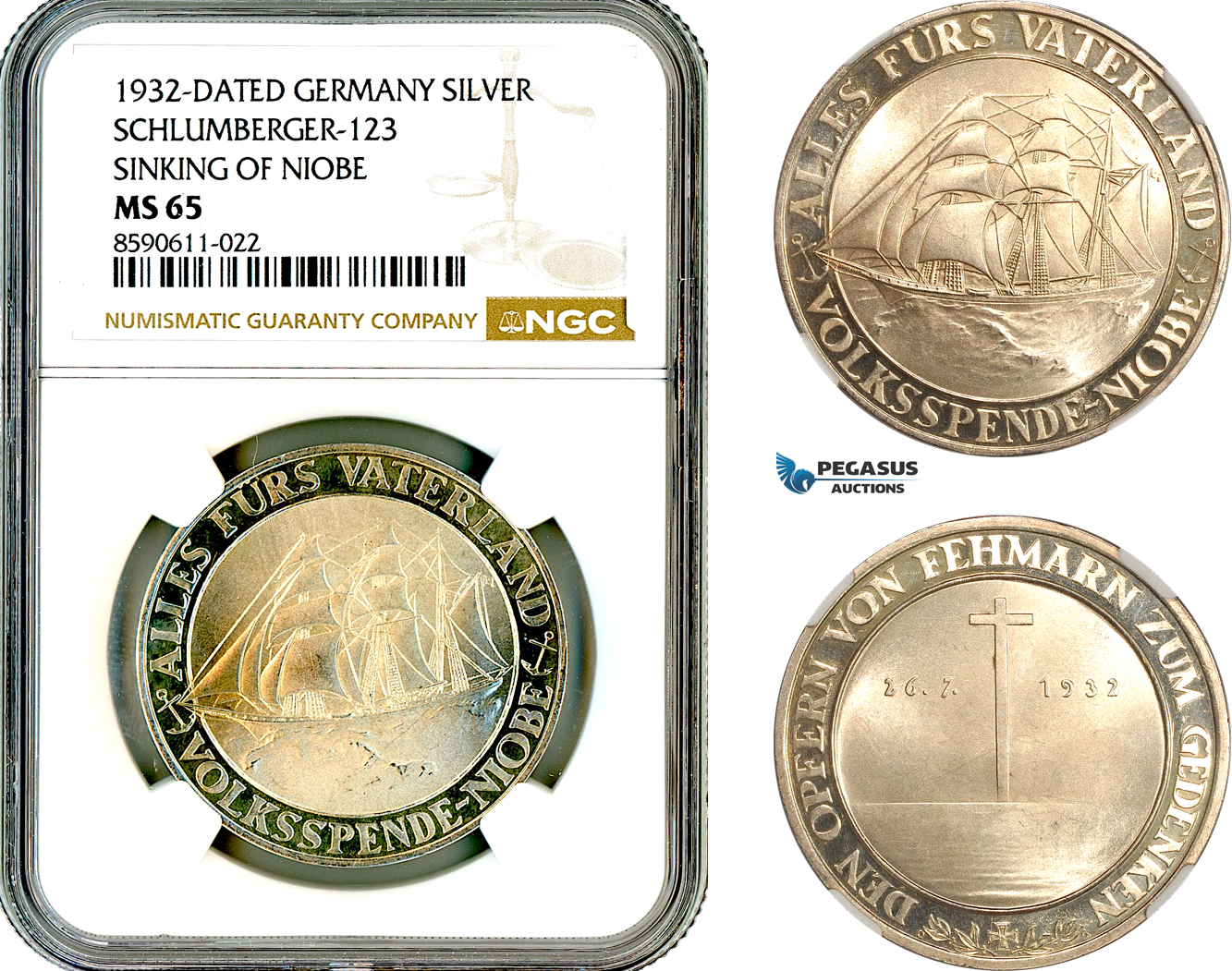 AM003, Germany, Weimar Republic, 1932 Silver Medal by Oskar Glockler, Sinking of the Training Ship Niobe, NGC MS65