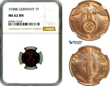 AM004, Germany, Third Reich, 1 Reichspfennig 1938 B, Vienna Mint, NGC MS62BN