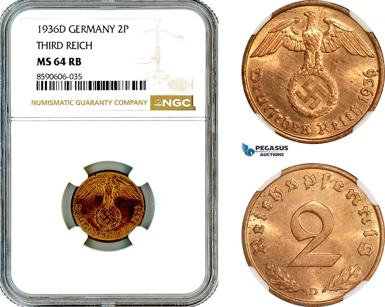AM005, Germany, Third Reich, 2 Reichspfennig 1936 D, Munich Mint, NGC MS64RB