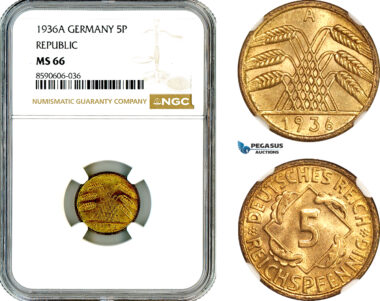 AM006, Germany, Weimar Republic, 5 Reichspfennig 1936 A, Berlin Mint, NGC MS66, Top Pop!