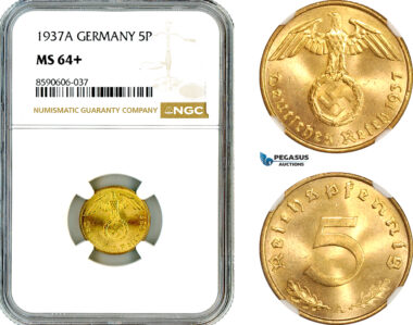AM007, Germany, Third Reich, 5 Reichspfennig 1937 A, Berlin Mint, NGC MS64+