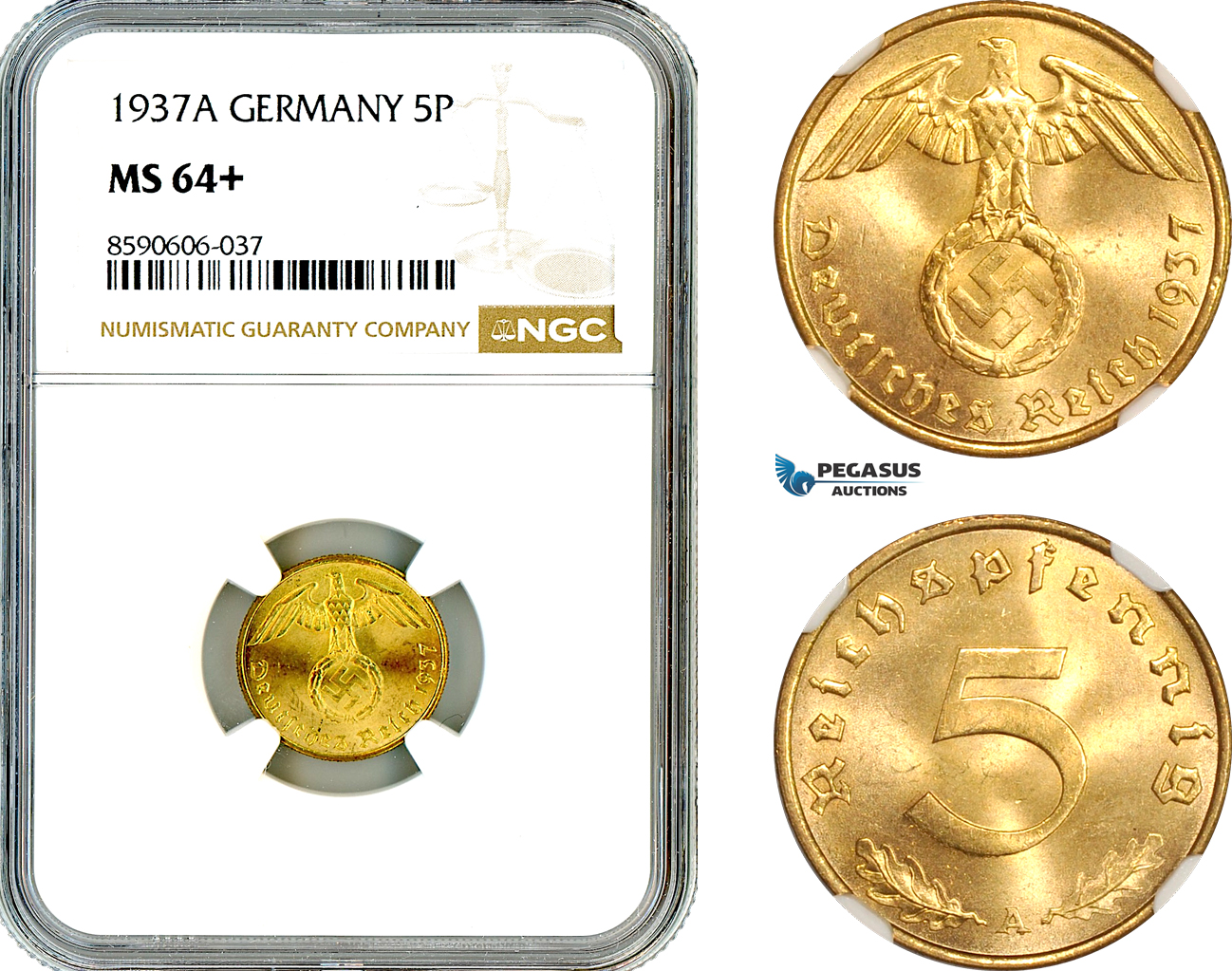 AM007, Germany, Third Reich, 5 Reichspfennig 1937 A, Berlin Mint, NGC MS64+