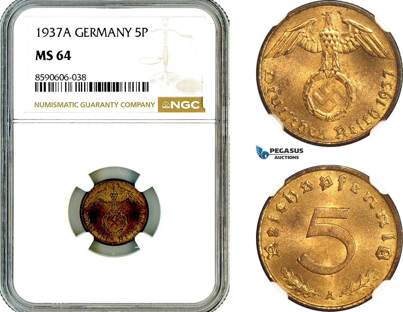 AM008, Germany, Third Reich, 5 Reichspfennig 1937 A, Berlin Mint, NGC MS64