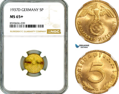 AM009, Germany, Third Reich, 5 Reichspfennig 1937 D, Munich Mint, NGC MS65+