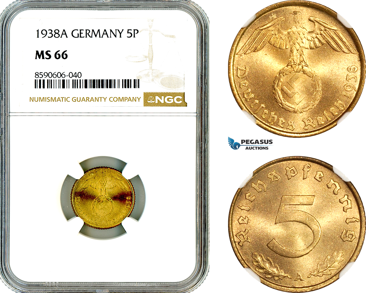 AM010, Germany, Third Reich, 5 Reichspfennig 1938 A, Berlin Mint, NGC MS66, Top Pop!