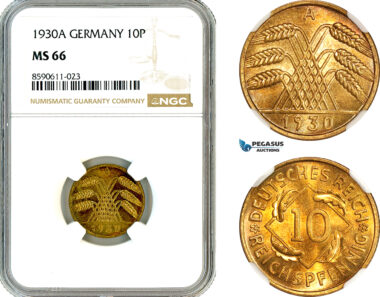 AM011, Germany, Weimar Republic, 10 Reichspfennig 1930 A, Berlin Mint, NGC MS66, Top Pop!