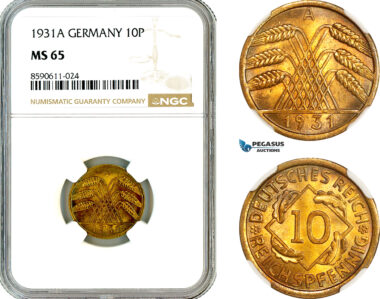 AM012, Germany, Weimar Republic, 10 Reichspfennig 1931 A, Berlin Mint, NGC MS65