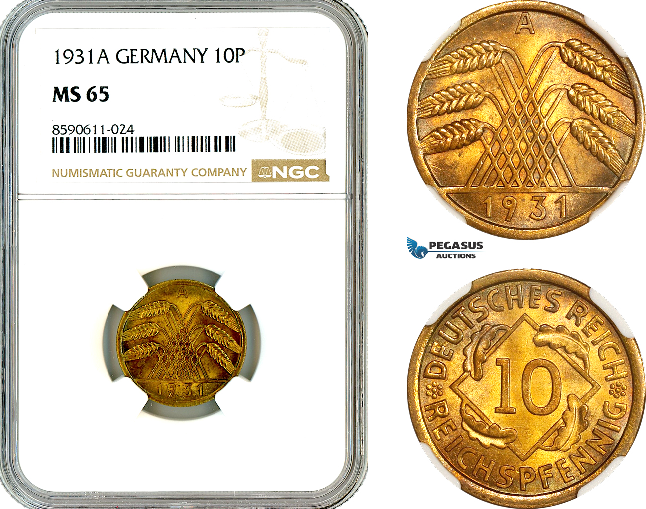 AM012, Germany, Weimar Republic, 10 Reichspfennig 1931 A, Berlin Mint, NGC MS65