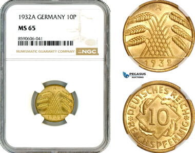 AM013, Germany, Weimar Republic, 10 Reichspfennig 1932 A, Berlin Mint, NGC MS65
