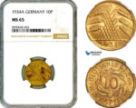 AM014, Germany, Third Reich, 10 Reichspfennig 1934 A, Berlin Mint, NGC MS65, Top Pop, Single Finest!