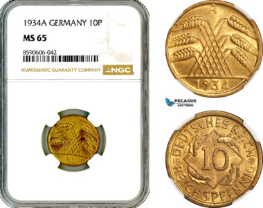 AM014, Germany, Third Reich, 10 Reichspfennig 1934 A, Berlin Mint, NGC MS65, Top Pop, Single Finest!