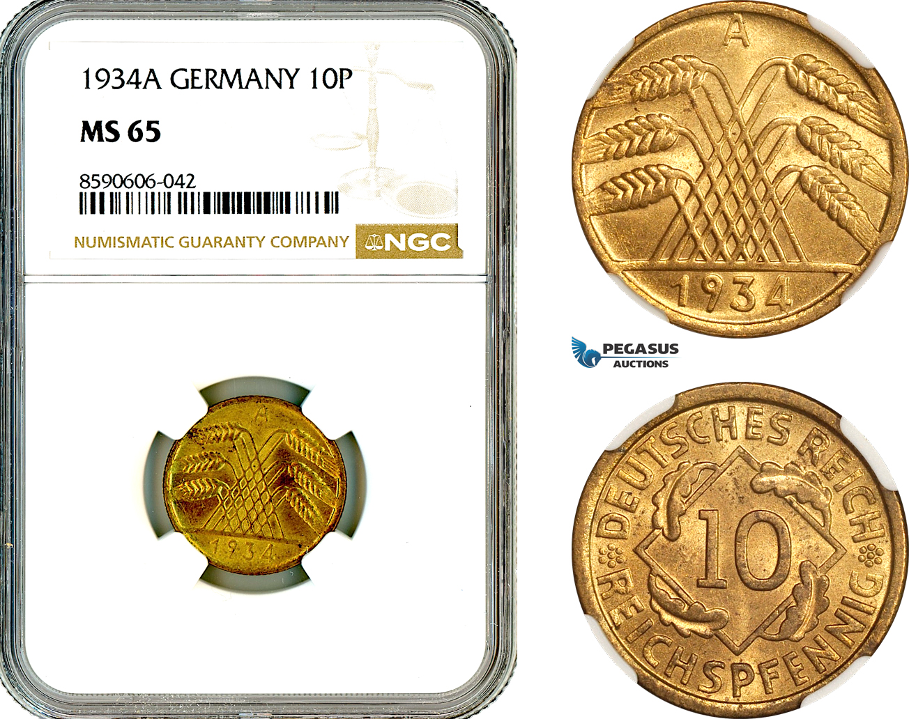 AM014, Germany, Third Reich, 10 Reichspfennig 1934 A, Berlin Mint, NGC MS65, Top Pop, Single Finest!