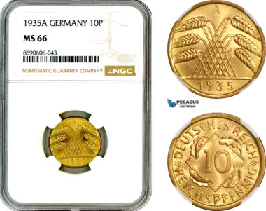 AM015, Germany, Third Reich, 10 Reichspfennig 1935 A, Berlin Mint, NGC MS66