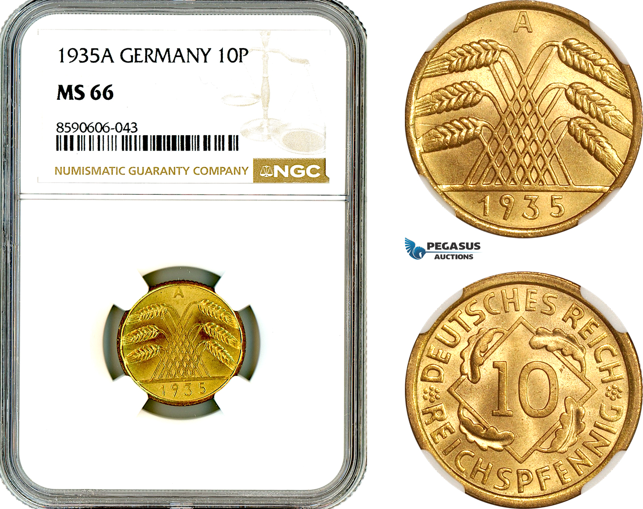 AM015, Germany, Third Reich, 10 Reichspfennig 1935 A, Berlin Mint, NGC MS66