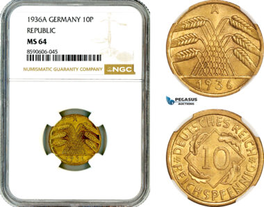 AM016, Germany, Weimar Republic, 10 Reichspfennig 1936 A, Berlin Mint, NGC MS64