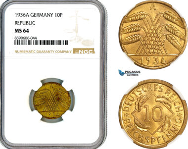AM017, Germany, Weimar Republic, 10 Reichspfennig 1936 A, Berlin Mint, NGC MS64