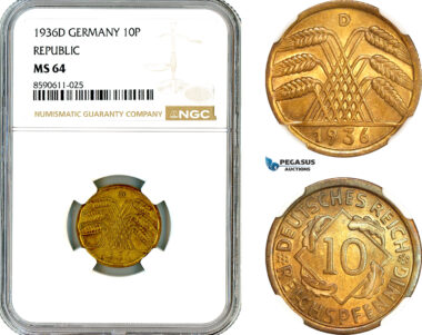 AM019, Germany, Weimar Republic, 10 Reichspfennig 1936 D, Munich Mint, NGC MS64