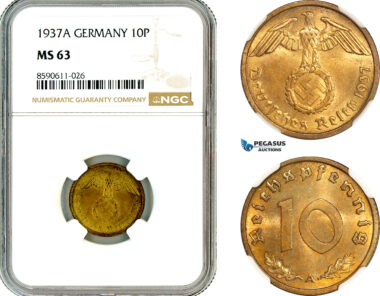 AM020, Germany, Third Reich, 10 Reichspfennig 1937 A, Berlin Mint, NGC MS63