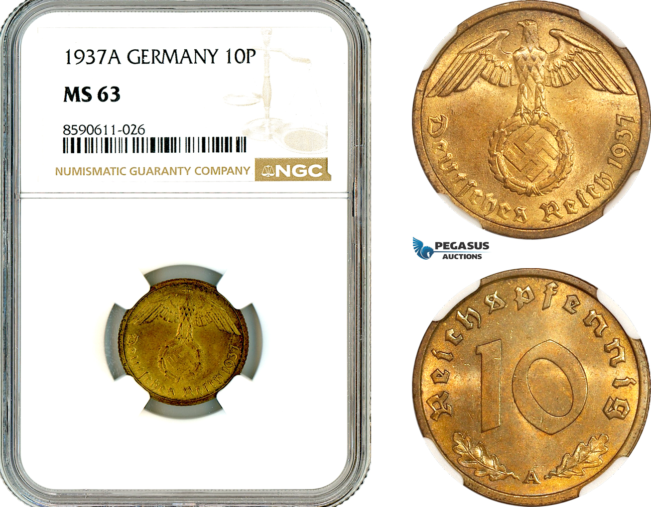 AM020, Germany, Third Reich, 10 Reichspfennig 1937 A, Berlin Mint, NGC MS63