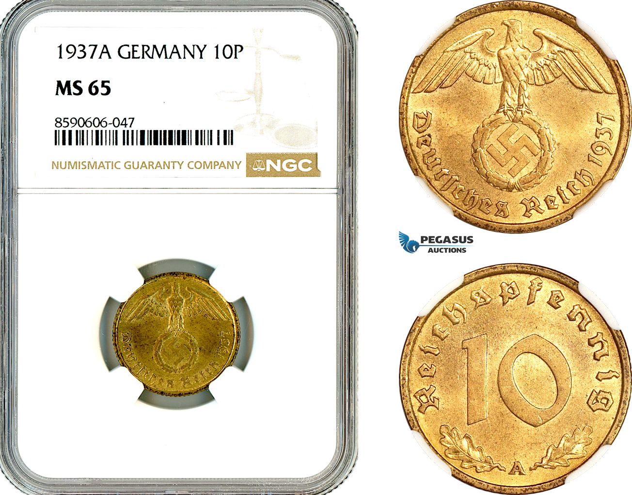 AM021, Germany, Third Reich, 10 Reichspfennig 1937 A, Berlin Mint, NGC MS65, Top Pop!